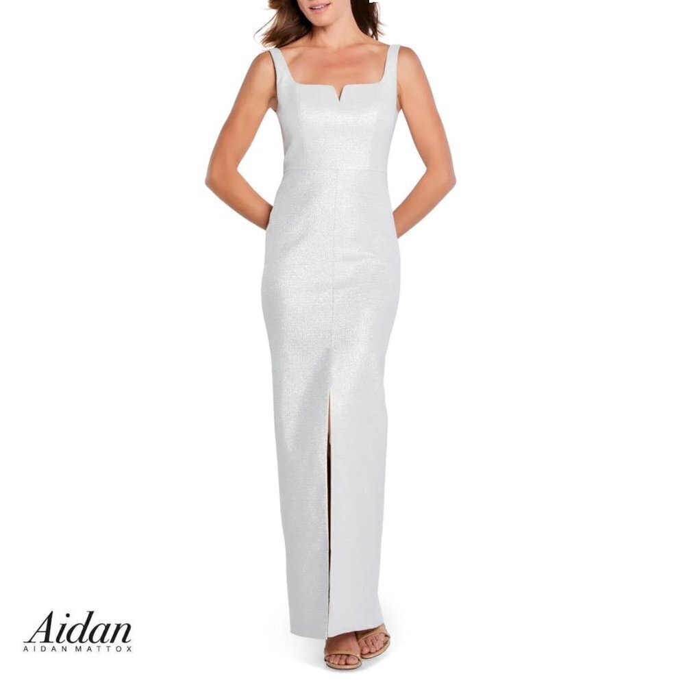 NWT AIDAN MATTOX Silver Metallic Sweetheart Column Gown Maxi Dress